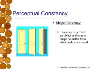 Perceptual Constancy <ul><li>Shape Constancy:   </li></ul><ul><ul><li>Tendency to perceive an object as the same shape no ...