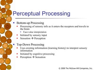 Perceptual Processing <ul><li>Bottom-up Processing </li></ul><ul><ul><li>Processing of sensory info as it enters the recep...