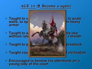 AGE 14    Become a squire Taught to vault on a horse, to run, to scale walls, to spring over ditches – all in heavy armor Taught to wrestle, to wield the battle-axe without raising the visor or taking a breath Taught to perform gracefully on horseback Taught courtesy or refinements of civilization Encouraged to bestow his attentions on a young lady of the court 