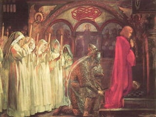 Ceremony: Officiating priest takes the sword, blesses it, and returns it Candidate folds arms, kneels before presiding knight and answers questions about motives for becoming a knight Takes an oath Receives armor and sword Kneels before presiding knight who administers the accolade (3 strokes of a flat sword on the neck or shoulder) and says, “In the name of God, of St. Michael, and of St. George, I make thee a knight; be valiant, courteous, and loyal.” Receives helmet, shield, and spear 