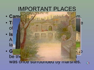 IMPORTANT PLACES Camelot  – King Arthur’s  kingdom. Tintagel Castle  – conception place of Arthur. Isle of Avalon  – island to which Arthur is sent to recover from the last battle. Glastonbury  – claimed by some to be the actual Isle of Avalon, as it was once surrounded by marshes. 
