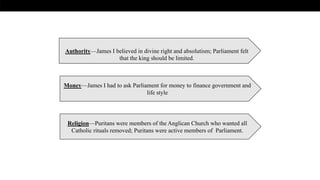 Authority—James I believed in divine right and absolutism; Parliament felt
that the king should be limited.
Money—James I had to ask Parliament for money to finance government and
life style
Religion—Puritans were members of the Anglican Church who wanted all
Catholic rituals removed; Puritans were active members of Parliament.
 