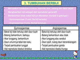 3. TUMBUHAN BERBIJI
 -    Merupakan tumbuhan kormus, memiliki akar, batang dan daun sejati
 -    Menghasilkan biji sebagai alat reproduksi generatif
 -    Berdasarkan letak bakal bijinya dibedakan menjadi 2 golongan :
      - Gymnospermae (Tumb. Berbiji terbuka)
      - Angiospermae (Tumb. Berbiji tertutup)

             Gymnospermae                                 Angiospermae
- Bakal biji tidak tertutup oleh daun buah   - Bakal biji tertutup oleh daun buah
- Batang berkambium, berkayu                 - Batang berkambium atau tidak
- Akar tunggang, berkambium                  - Akar tunggang atau serabut
- Daun umumnya tebal dan kaku                - Daun pipih, tulang daun beranekaragam
- Terjadi pembuahan tunggal                  - Terjadi pembuahan ganda
- Alat reproduksi disebut strobilus          - Alat reproduksi disebut bunga
 
