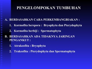PENGELOMPOKAN TUMBUHAN

A. BERDASARKAN CARA PERKEMBANGBIAKAN :
  1. Kormofita berspora : Bryophyta dan Pterydophyta
  2. Kormofita berbiji : Spermatophyta
B. BERDASARKAN ADA TIDAKNYA JARINGAN
   PENGANKUT :
  1. Atrakeofita : Bryophyta
  2. Trakeofita : Pterydophyta dan Spermatophyta
 