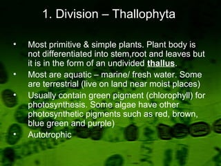 1. Division – Thallophyta
• Most primitive & simple plants. Plant body is
not differentiated into stem,root and leaves but
it is in the form of an undivided thallus.
• Most are aquatic – marine/ fresh water. Some
are terrestrial (live on land near moist places)
• Usually contain green pigment (chlorophyll) for
photosynthesis. Some algae have other
photosynthetic pigments such as red, brown,
blue green and purple)
• Autotrophic
 
