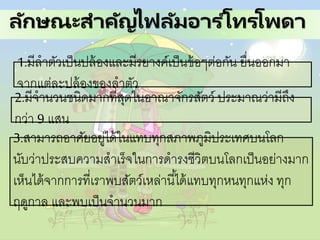 ลักษณะสาคัญไฟลัมอาร ์โทรโพดา
1.มีลาตัวเป็นปล้องและมีรยางค์เป็นข้อๆต่อกัน ยื่นออกมา
จากแต่ละปล้องของลาตัว
3.สามารถอาศัยอยู่ได้ในแทบทุกสภาพภูมิประเทศบนโลก
นับว่าประสบความสาเร็จในการดารงชีวิตบนโลกเป็นอย่างมาก
เห็นได้จากการที่เราพบสัตว์เหล่านี้ได้แทบทุกหนทุกแห่ง ทุก
ฤดูกาล และพบเป็นจานวนมาก
2.มีจานวนชนิดมากที่สุดในอาณาจักรสัตว์ ประมาณว่ามีถึง
กว่า 9 แสน
 
