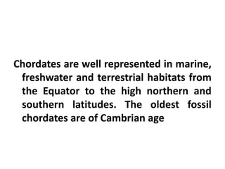 Chordates are well represented in marine,
 freshwater and terrestrial habitats from
 the Equator to the high northern and
 southern latitudes. The oldest fossil
 chordates are of Cambrian age
 
