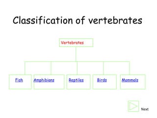 Classification of vertebrates

                    Vertebrates




Fish   Amphibians      Reptiles   Birds   Mammals




                                                    Next
 