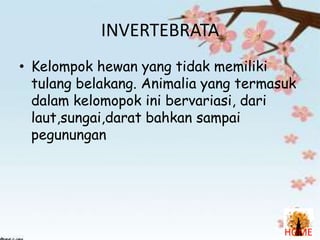 INVERTEBRATA
• Kelompok hewan yang tidak memiliki
tulang belakang. Animalia yang termasuk
dalam kelomopok ini bervariasi, dari
laut,sungai,darat bahkan sampai
pegunungan

HOME

 