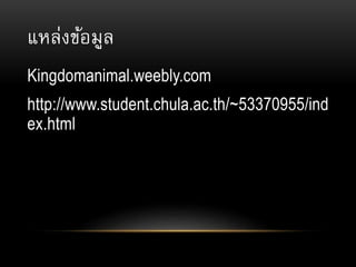 แหล่งข้อมูล
Kingdomanimal.weebly.com
http://www.student.chula.ac.th/~53370955/ind
ex.html
 