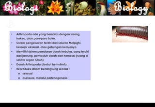 •   Arthropoda ada yang bernafas dengan insang,
    trakea, atau paru-paru buku.
•   Sistem pengeluaran terdiri dari saluran Malpighi,
    kelenjar ekskresi, atau gabungan keduanya.
•   Memiliki sistem peredaran darah terbuka, yang terdiri
    dari jantung, pembuluh darah dan hemosol (ruang di
    sekitar organ tubuh)
•   Darah Arthropoda disebut hemolimfa.
•   Reproduksi dapat berlangsung secara :
     o seksual
     o aseksual, melalui partenogenesis




                                                            4
 