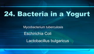 24. Bacteria in a Yogurt
Mycobacterium tuberculosis
Eschirichia Coli
Lactobacillus bulgaricus
 