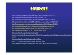 Sources
•
•
•
•
•
•
•
•
•
•
•
•
•

http://scorpius02.deviantart.com/art/KH-BBS-Coded-358-2Days-135377071
http://madleaine.deviantart.com/art/The-Lion-King-80411258
http://weaseltear.deviantart.com/art/king-mickey-kingdom-hearts-2-1870436
http://scorpius02.deviantart.com/art/KH-358-2-Days-Xion-and-Roxas-125693040
http://lady-yunalesca54.deviantart.com/art/Organization-XIII-Wallpaper-53882596
http://greenlamia.deviantart.com/art/Kingdom-Hearts-wallpaper-136085406
http://oh-ninja-please.deviantart.com/art/Jack-Skellington-106265379
http://en.wikipedia.org/wiki/List_of_Kingdom_Hearts_media
http://en.wikipedia.org/wiki/Organization_XIII
http://www.pcworld.idg.com.au/slideshow/373607/10_strange_facts_about_kingdom_hearts_franchise/?im
age=8
http://en.wikipedia.org/wiki/Kingdom_Hearts#Titles
http://www.vgchartz.com/gamedb/?name=Kingdom+Hearts
https://www.diigo.com/user/shanemorgan?page_num=1&type=all&sort=updated

 