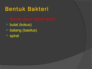 Bentuk Bakteri
  Bentuk dasar bakteri terdiri :
 bulat (kokus)
 batang (basilus)
 spiral
 