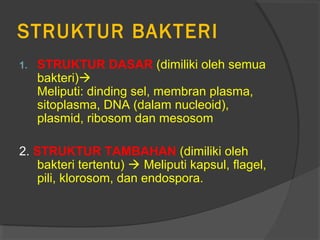 STRUKTUR BAKTERI
1.   STRUKTUR DASAR (dimiliki oleh semua
     bakteri)
     Meliputi: dinding sel, membran plasma,
     sitoplasma, DNA (dalam nucleoid),
     plasmid, ribosom dan mesosom

2. STRUKTUR TAMBAHAN (dimiliki oleh
    bakteri tertentu)  Meliputi kapsul, flagel,
    pili, klorosom, dan endospora.
 