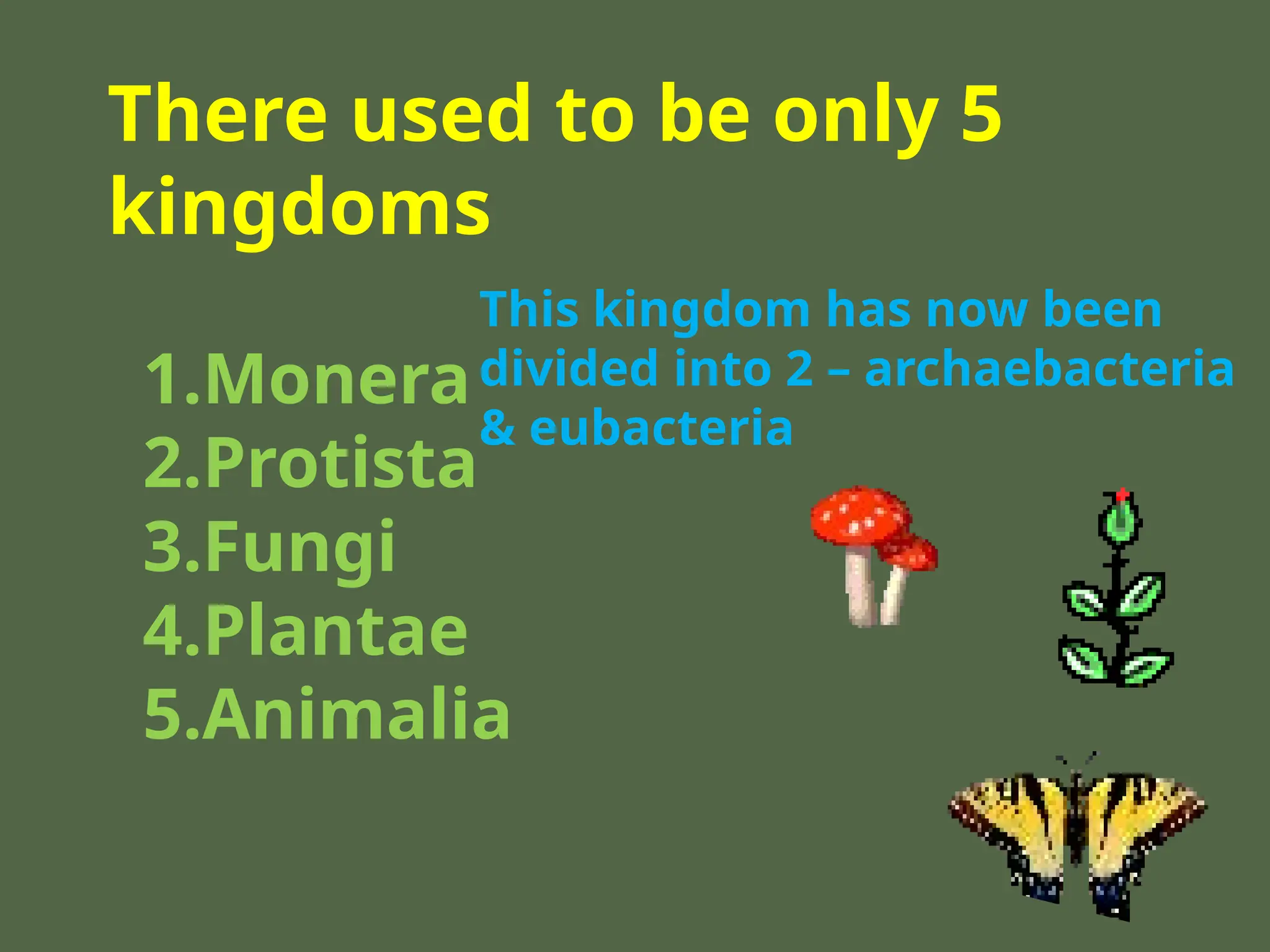 There used to be only 5
kingdoms
1.Monera
2.Protista
3.Fungi
4.Plantae
5.Animalia
This kingdom has now been
divided into 2 – archaebacteria
& eubacteria
 