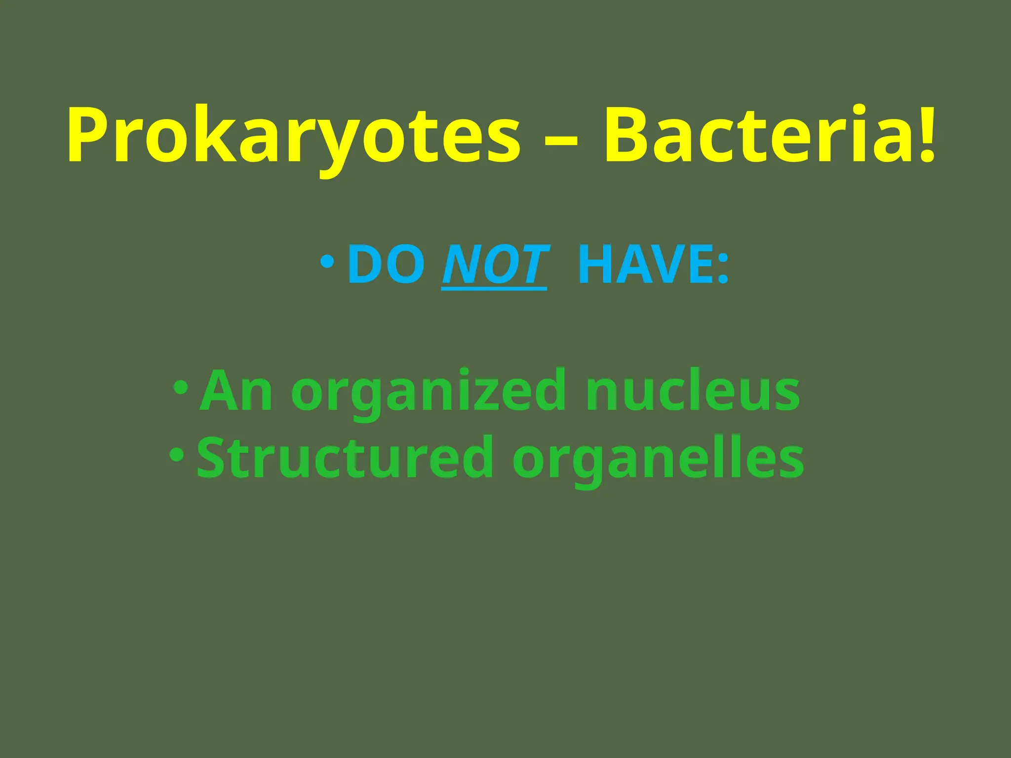 Prokaryotes – Bacteria!
• DO NOT HAVE:
• An organized nucleus
• Structured organelles
 