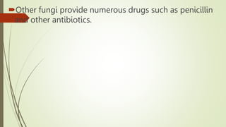 Other fungi provide numerous drugs such as penicillin
and other antibiotics.
 