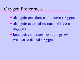 Oxygen Preferences obligate aerobes must have oxygen obligate anaerobes cannot live in oxygen facultative anaerobes can grow with or without oxygen 