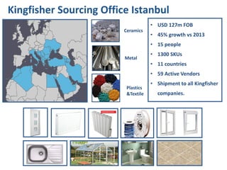 Kingfisher Sourcing Office Istanbul
Ceramics
Metal
Plastics
&Textile
• USD 127m FOB
• 45% growth vs 2013
• 15 people
• 1300 SKUs
• 11 countries
• 59 Active Vendors
• Shipment to all Kingfisher
companies.
 