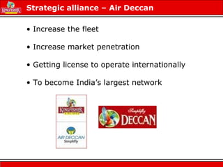 Strategic alliance – Air Deccan
• Increase the fleet
• Increase market penetration
• Getting license to operate internationally
• To become India’s largest network
 