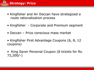 Strategy: Price
• Kingfisher and Air Deccan have strategized a
route rationalization process
• Kingfisher - Corporate and Premium segment
• Deccan – Price conscious mass market
• Kingfisher First Advantage Coupons (6, 8, 12
coupons)
• King Saver Personal Coupon (8 tickets for Rs.
72,200/-)
 
