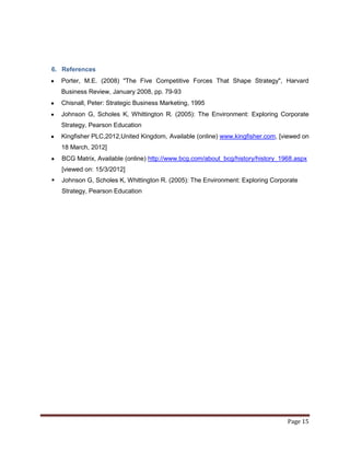 6. References
    Porter, M.E. (2008) "The Five Competitive Forces That Shape Strategy", Harvard
    Business Review, January 2008, pp. 79-93
    Chisnall, Peter: Strategic Business Marketing, 1995
    Johnson G, Scholes K, Whittington R. (2005): The Environment: Exploring Corporate
    Strategy, Pearson Education
    Kingfisher PLC,2012,United Kingdom, Available (online) www.kingfisher.com, [viewed on
    18 March, 2012]
    BCG Matrix, Available (online) http://www.bcg.com/about_bcg/history/history_1968.aspx
    [viewed on: 15/3/2012]
   Johnson G, Scholes K, Whittington R. (2005): The Environment: Exploring Corporate
    Strategy, Pearson Education




                                                                                  Page 15
 
