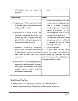 of    products    which    are    unique    to           weak.
       kingfisher.


Opportunities                                            Threats

                                                            1. Global level competition in UK- with
   1. Acquisitions – There are lots of small                    the acquisition of Asda by wall mart
       companies where company can acquire                      there   is   a     severe   competition
       and expand its operations.                               among companies to increase the
                                                                margins      and    volume.    In   this
   2. Expansion in to foreign markets- the                      scenario kingfisher needs to face to
       company‟s operations are limited to                      the completion at global level.
       Europe and Asia. Company has the                     2. The technology used by the market
       potential of expanding its operations in                 is very cheap and thus it will threat
       to American and African region.                          to kingfisher as they use latest
                                                                technology at high cost.
   3. Innovation - Kingfisher can improve its               3. Economic recession
       product range by undertaking research In a situation where economy faces
       and development activities and innovate recession the company may exposed to
       new    products    which    can     offer   to threat where the consumers may not
       customers.                                        interested in home appliances thinking that
                                                         those are unnecessary costs.
   4. Diversification- without limiting to home
       appliances and products sales kingfisher
       can expand its operations in to other
       suitable   business   sectors      using    its
       knowledge and experience.




Capabilities of Kingfisher

1. Ability introduce new and innovative products with eco friendly manner
2. Ability to expand operation in to foreign countries with a lower level of risk




                                                                                                Page 9
 