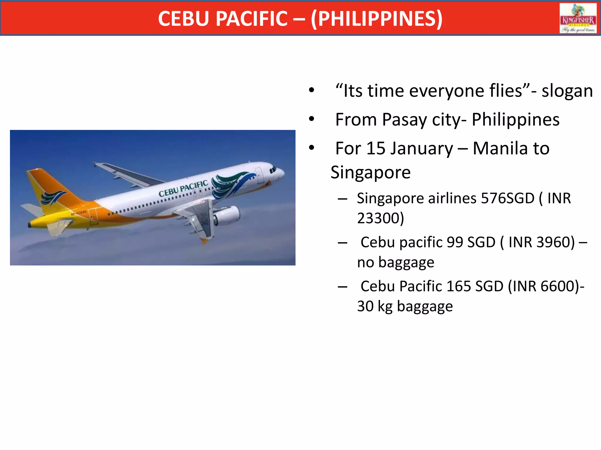 CEBU PACIFIC – (PHILIPPINES)


              • “Its time everyone flies”- slogan
              • From Pasay city- Philippines
              • For 15 January – Manila to
                Singapore
                 – Singapore airlines 576SGD ( INR
                   23300)
                 – Cebu pacific 99 SGD ( INR 3960) –
                   no baggage
                 – Cebu Pacific 165 SGD (INR 6600)-
                   30 kg baggage
 