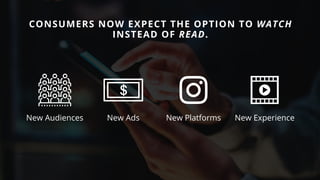 CONSUMERS NOW EXPECT THE OPTION TO WATCH
INSTEAD OF READ.
New Audiences New Ads New Platforms New Experience
 