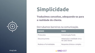 KingCode
Simplicidade
Traduzimos conceitos, adequando-os para
a realidade do cliente.
Derrubamos barreiras na comunicação.
MENOS MAIS
Protocolos Comunicação ﬂuída
Discurso pronto Adaptação à realidade única
de cada cliente
Rodeios e formalidades Respostas diretas e simples
 