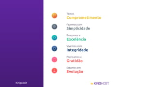 KingCode
Temos
Comprometimento
Fazemos com
Simplicidade
Buscamos a
Excelência
Vivemos com
Integridade
Praticamos a
Gratidão
Estamos em
Evolução
 