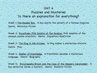 Unit 4 Puzzles and Mysteries Is there an explanation for everything? Week 1- The Houdini Box ,  A boy learns the secrets of a famous magician.  Genre:  Historical Fiction Week 2-  Encantado: Pink Dolphin of the Amazon,  Pink dolphins of the amazon puzzle scientists.  Genre:  Expository NonFiction Week 3-  The King in the Kitchen ,  A king makes a mysterious mixture. Genre:  Play Week 4-  Seeker of Knowledge ,  A Frenchman decodes a mysterious language.  Genre:  Biography  Week 5-  Encyclopedia Brown and the Case of the Slippery Salamander ,  A boy detective solves a mystery.  Genre:  Realistic Fiction 