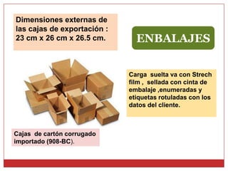 Dimensiones externas de
las cajas de exportación :
23 cm x 26 cm x 26.5 cm.

ENBALAJES
Carga suelta va con Strech
film , sellada con cinta de
embalaje ,enumeradas y
etiquetas rotuladas con los
datos del cliente.

Cajas de cartón corrugado
importado (908-BC).

 