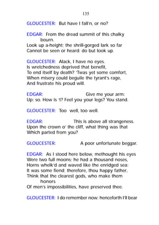 GLOUCESTER: But have I fall’n, or no?
EDGAR: From the dread summit of this chalky
bourn.
Look up a-height; the shrill-gorged lark so far
Cannot be seen or heard: do but look up.
GLOUCESTER: Alack, I have no eyes.
Is wretchedness deprived that benefit,
To end itself by death? ’Twas yet some comfort,
When misery could beguile the tyrant’s rage,
And frustrate his proud will.
EDGAR: Give me your arm:
Up: so. How is ‘t? Feel you your legs? You stand.
GLOUCESTER: Too well, too well.
EDGAR: This is above all strangeness.
Upon the crown o’ the cliff, what thing was that
Which parted from you?
GLOUCESTER: A poor unfortunate beggar.
EDGAR: As I stood here below, methought his eyes
Were two full moons; he had a thousand noses,
Horns whelk’d and waved like the enridged sea:
It was some fiend; therefore, thou happy father,
Think that the clearest gods, who make them
honors
Of men’s impossibilities, have preserved thee.
GLOUCESTER: I do remember now: henceforth I’ll bear
135
 
