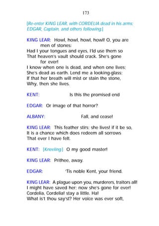 [Re-enter KING LEAR, with CORDELIA dead in his arms;
EDGAR, Captain, and others following.]
KING LEAR: Howl, howl, howl, howl! O, you are
men of stones:
Had I your tongues and eyes, I’ld use them so
That heaven’s vault should crack. She’s gone
for ever!
I know when one is dead, and when one lives;
She’s dead as earth. Lend me a looking-glass;
If that her breath will mist or stain the stone,
Why, then she lives.
KENT: Is this the promised end
EDGAR: Or image of that horror?
ALBANY: Fall, and cease!
KING LEAR: This feather stirs; she lives! if it be so,
It is a chance which does redeem all sorrows
That ever I have felt.
KENT: [Kneeling.] O my good master!
KING LEAR: Prithee, away.
EDGAR: ’Tis noble Kent, your friend.
KING LEAR: A plague upon you, murderers, traitors all!
I might have saved her; now she’s gone for ever!
Cordelia, Cordelia! stay a little. Ha!
What is’t thou say’st? Her voice was ever soft,
173
 