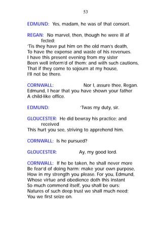 EDMUND: Yes, madam, he was of that consort.
REGAN: No marvel, then, though he were ill af
fected:
’Tis they have put him on the old man’s death,
To have the expense and waste of his revenues.
I have this present evening from my sister
Been well inform’d of them; and with such cautions,
That if they come to sojourn at my house,
I’ll not be there.
CORNWALL: Nor I, assure thee, Regan.
Edmund, I hear that you have shown your father
A child-like office.
EDMUND: ’Twas my duty, sir.
GLOUCESTER: He did bewray his practice; and
received
This hurt you see, striving to apprehend him.
CORNWALL: Is he pursued?
GLOUCESTER: Ay, my good lord.
CORNWALL: If he be taken, he shall never more
Be fear’d of doing harm: make your own purpose,
How in my strength you please. For you, Edmund,
Whose virtue and obedience doth this instant
So much commend itself, you shall be ours:
Natures of such deep trust we shall much need;
You we first seize on.
53
 
