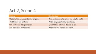 Act 2, Scene 4
Original Modernized
That sir which serves and seeks for gain, That gentleman who serves you only for profit
And follows but for form, And is only superficially loyal to you
Will pack when it begins to rain you Will take off when it starts to rain
And leave thee in the storm. And leave you alone in the storm.
 