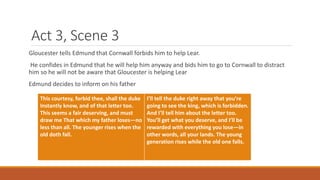 Act 3, Scene 3
Gloucester tells Edmund that Cornwall forbids him to help Lear.
He confides in Edmund that he will help him anyway and bids him to go to Cornwall to distract
him so he will not be aware that Gloucester is helping Lear
Edmund decides to inform on his father
This courtesy, forbid thee, shall the duke
Instantly know, and of that letter too.
This seems a fair deserving, and must
draw me That which my father loses—no
less than all. The younger rises when the
old doth fall.
I’ll tell the duke right away that you’re
going to see the king, which is forbidden.
And I’ll tell him about the letter too.
You’ll get what you deserve, and I’ll be
rewarded with everything you lose—in
other words, all your lands. The young
generation rises while the old one falls.
 