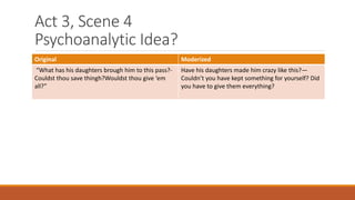 Act 3, Scene 4
Psychoanalytic Idea?
Original Moderized
“What has his daughters brough him to this pass?-
Couldst thou save thingh?Wouldst thou give ‘em
all?”
Have his daughters made him crazy like this?—
Couldn’t you have kept something for yourself? Did
you have to give them everything?
 