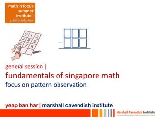 general session |
fundamentals of singapore math
focus on pattern observation
yeap ban har | marshall cavendish institute
math in focus
summer
institute |
philadelphia
 