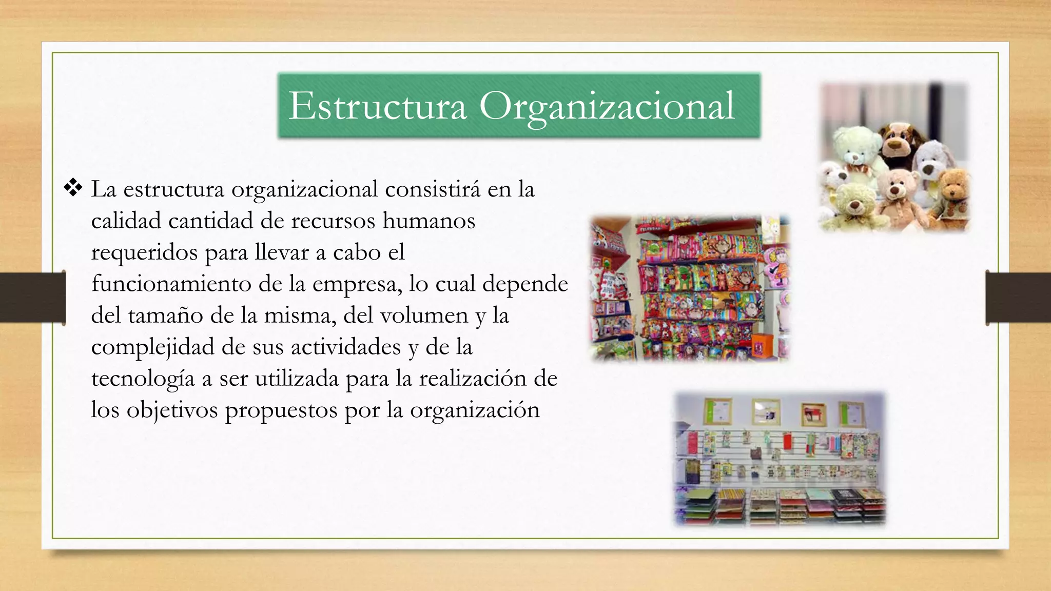 Estructura Organizacional
 La estructura organizacional consistirá en la
calidad cantidad de recursos humanos
requeridos para llevar a cabo el
funcionamiento de la empresa, lo cual depende
del tamaño de la misma, del volumen y la
complejidad de sus actividades y de la
tecnología a ser utilizada para la realización de
los objetivos propuestos por la organización
 