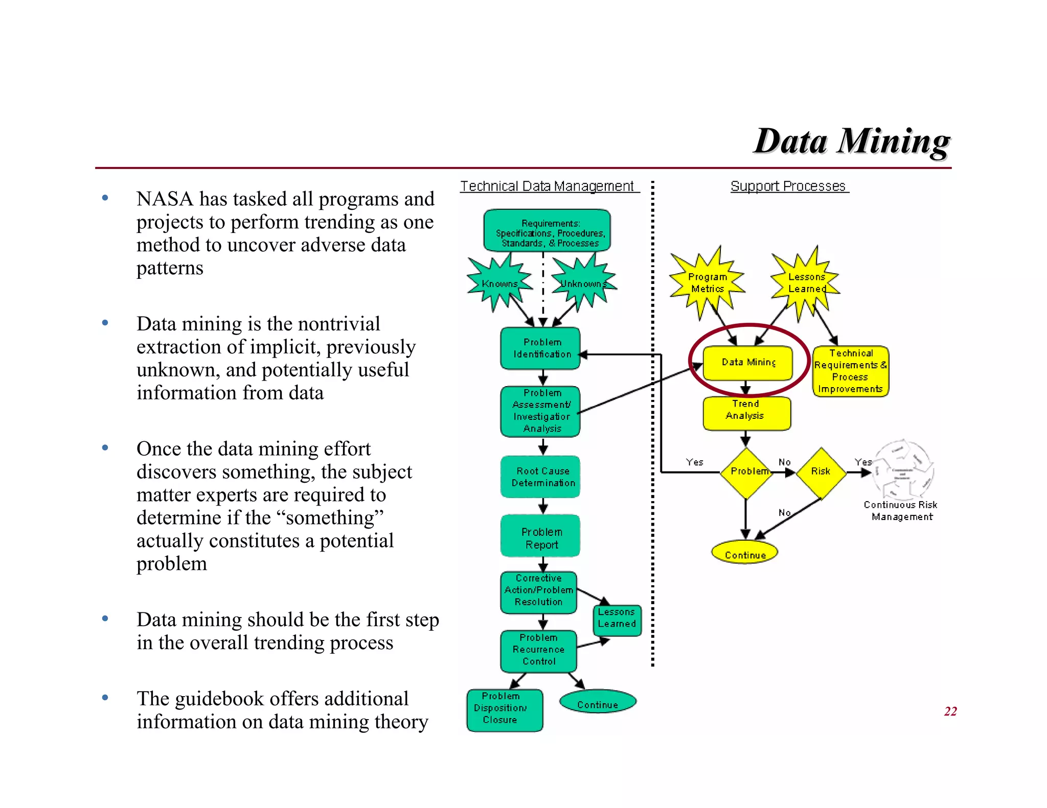 Data Mining
•   NASA has tasked all programs and
    projects to perform trending as one
    method to uncover adverse data
    patterns

•   Data mining is the nontrivial
    extraction of implicit, previously
    unknown, and potentially useful
    information from data

•   Once the data mining effort
    discovers something, the subject
    matter experts are required to
    determine if the “something”
    actually constitutes a potential
    problem

•   Data mining should be the first step
    in the overall trending process

•   The guidebook offers additional                 • 22
    information on data mining theory
 