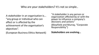 Who are your stakeholders? It's not so simple..
A stakeholder in an organisation is...
“any group or individual who can
af...