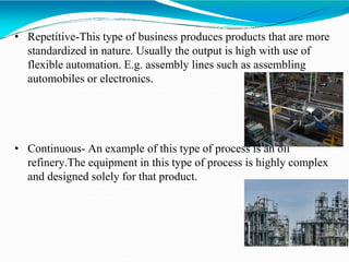 • Repetitive-This type of business produces products that are more
standardized in nature. Usually the output is high with use of
flexible automation. E.g. assembly lines such as assembling
automobiles or electronics.
• Continuous- An example of this type of process is an oil
refinery.The equipment in this type of process is highly complex
and designed solely for that product.
 