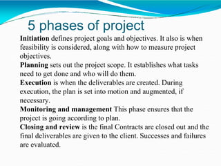 5 phases of project
Initiation defines project goals and objectives. It also is when
feasibility is considered, along with how to measure project
objectives.
Planning sets out the project scope. It establishes what tasks
need to get done and who will do them.
Execution is when the deliverables are created. During
execution, the plan is set into motion and augmented, if
necessary.
Monitoring and management This phase ensures that the
project is going according to plan.
Closing and review is the final Contracts are closed out and the
final deliverables are given to the client. Successes and failures
are evaluated.
 