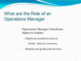 What are the Role of an
Operations Manager
9
Operations Manager Transforms
inputs to outputs
Inputs are resources such as
People, Material, and money
Outputs are goods and services
 