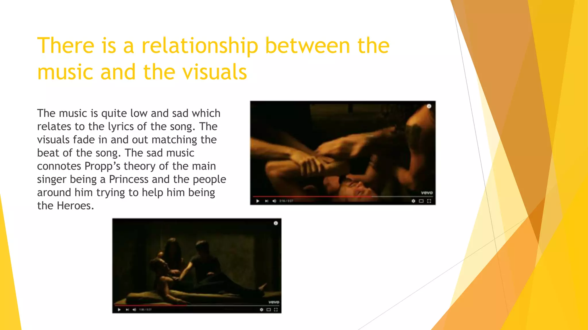 There is a relationship between the
music and the visuals
The music is quite low and sad which
relates to the lyrics of the song. The
visuals fade in and out matching the
beat of the song. The sad music
connotes Propp’s theory of the main
singer being a Princess and the people
around him trying to help him being
the Heroes.
 