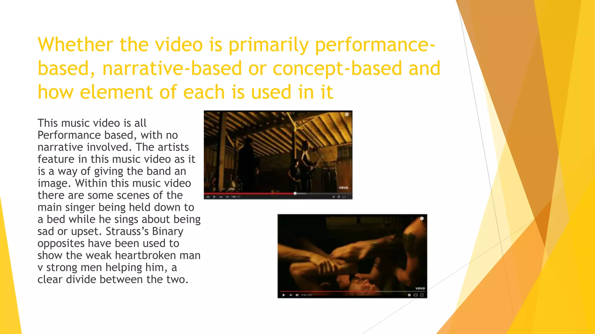 Whether the video is primarily performance-
based, narrative-based or concept-based and
how element of each is used in it
This music video is all
Performance based, with no
narrative involved. The artists
feature in this music video as it
is a way of giving the band an
image. Within this music video
there are some scenes of the
main singer being held down to
a bed while he sings about being
sad or upset. Strauss’s Binary
opposites have been used to
show the weak heartbroken man
v strong men helping him, a
clear divide between the two.
 