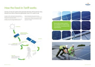 How the Feed-in Tariff works
Owners of solar PV systems that generate electricity will be paid for every
kilowatt hour (kWh) of electricity generated, even if it is used on-site.

This Feed-in Tariff is a fixed rate and is set by Government              Feed-in Tariff payments will be made for the next
legislation. The rate paid is determined by the type and size of          20 years for electricity generated from a renewable source.
the renewable energy system installed.                                    Any payments are in addition to the savings that could be
In addition, any surplus electricity generated will be fed into           made by not having to purchase all the electricity usually
the National Grid and may trigger additional payments.                    required from a supplier.




                                                                                                                                        Renewable energy systems
                                                                                                                                        are suitable for a wide range
                                          Energy Source                                                                                 of properties, businesses and
                                                                                                                                        organisations.



                                                          Kingspan PowerPanel
                                                          Renewable Energy System
                                                          Generating electricity




                                                                                                                        Use On-site



                                                                  Total Generation
                                                                  Metre
                             Generation Tariff
             Paid for every kilowatt hour (kWh)
                        of electricity generated




                                                                                                   Import Meter




                         Export Tariff
                         Additional payment for every
                         kilowatt hour (kWh) of surplus
                         electricity generated.




6 Kingspan PowerPanel                                                                                                                                                   Kingspan PowerPanel 7 
 
